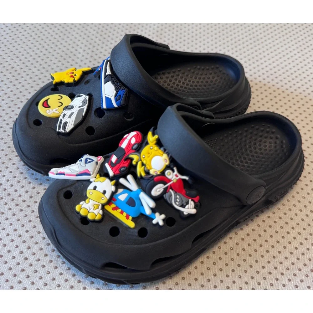 Kids Black Clog Sandals with Pikachu and Car Charms Size 13 Slip On Shoes